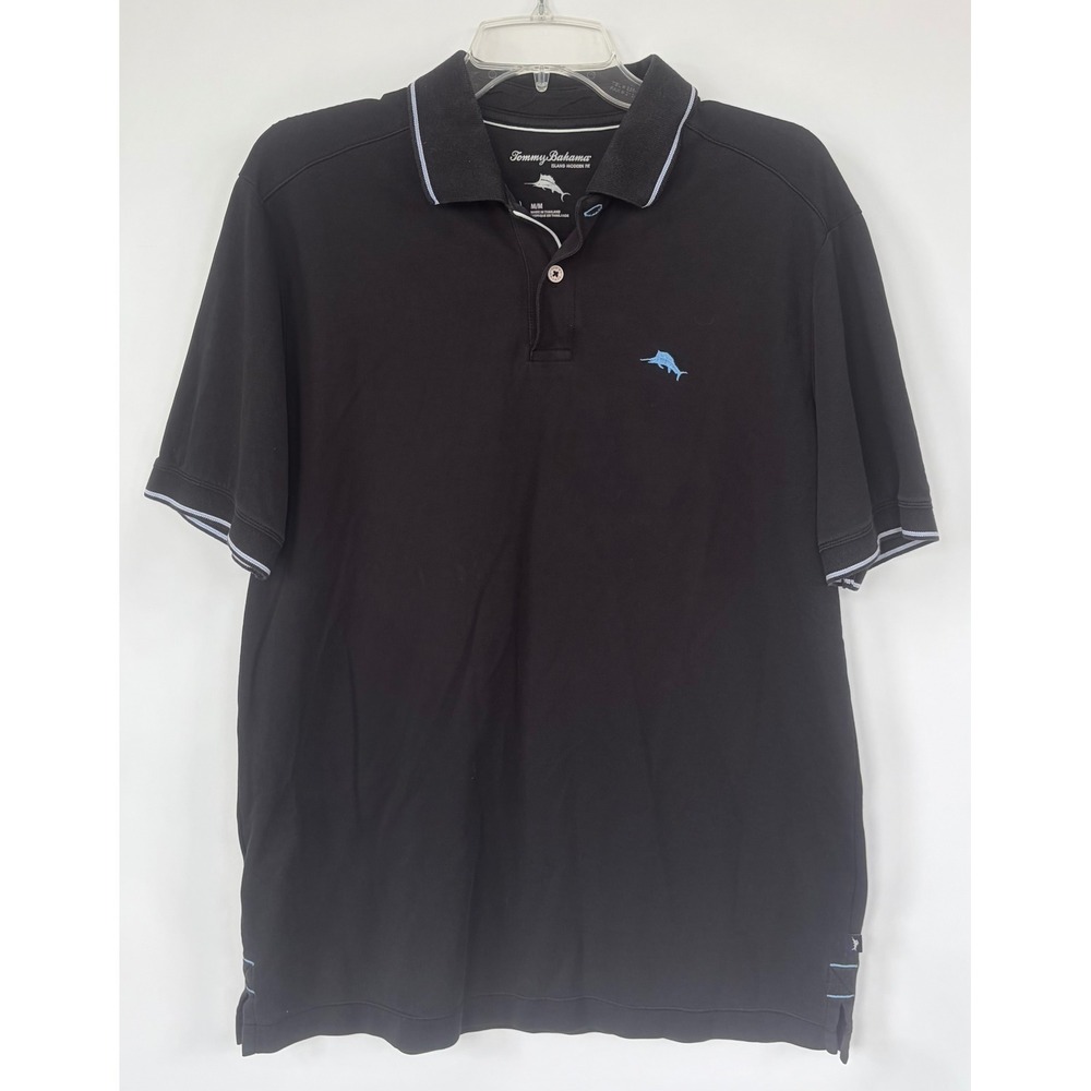 Tommy‎ Bahama Island Modern Fit Mens Medium M Black Pique Polo Shirt Marlin Logo